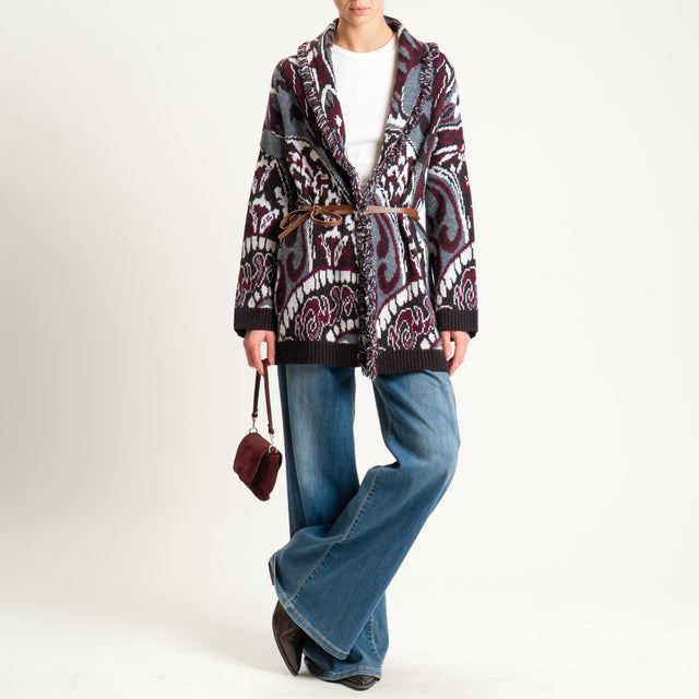 Philia Loft-Cardigan jaquard con cintura - bordeaux/grigio/moro