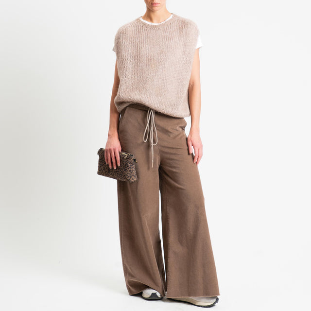 Philia Loft-Pantalone palazzo velluto diagonale elasticizzato sfrangiato - castagna