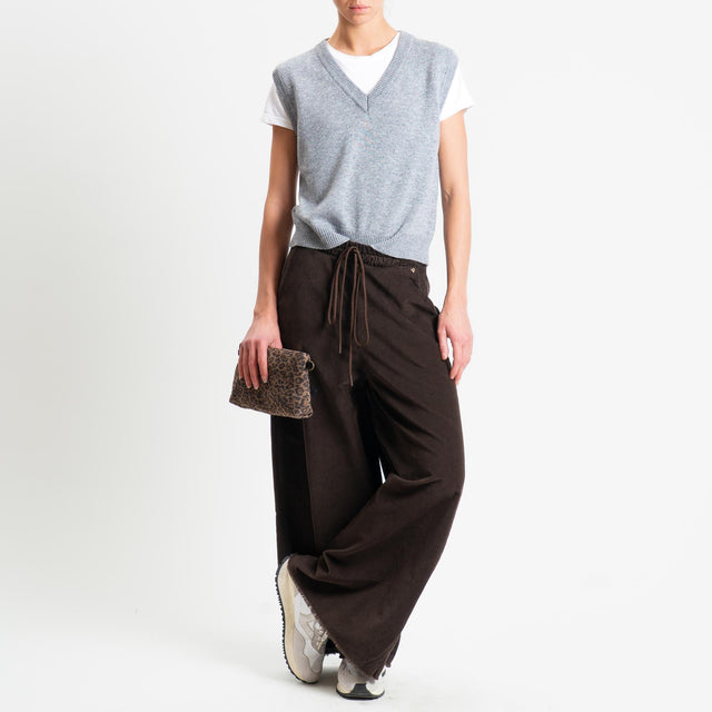 Philia Loft-Pantalone palazzo velluto diagonale elasticizzato sfrangiato - moro