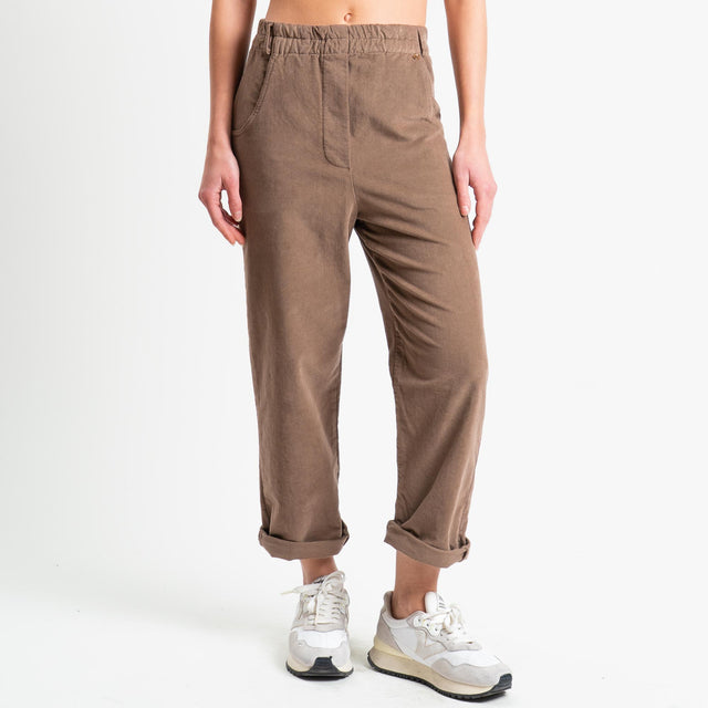 Philia Loft-Pantalone velluto diagonale elasticizzato con elastico in vita - castagna