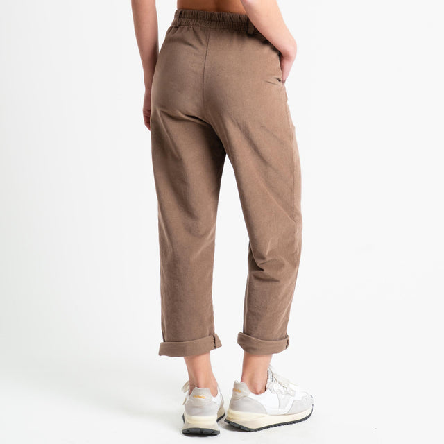Philia Loft-Pantalone velluto diagonale elasticizzato con elastico in vita - castagna