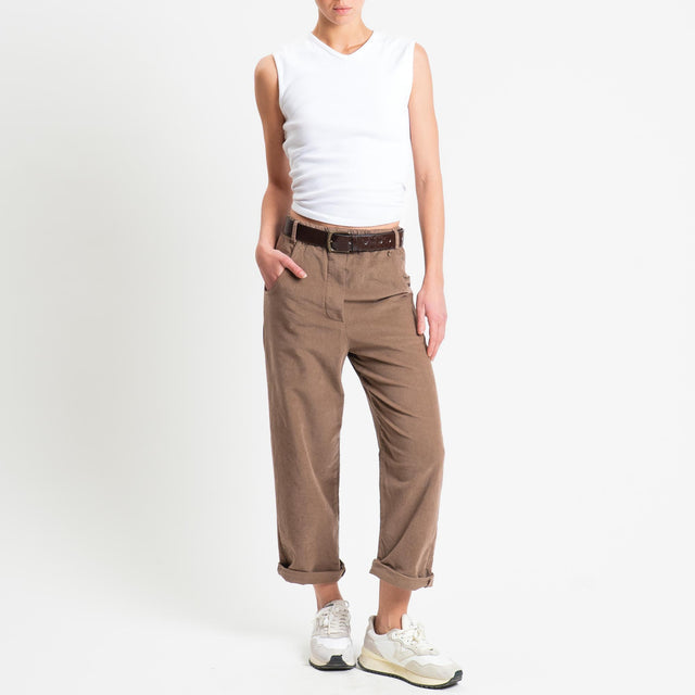 Philia Loft-Pantalone velluto diagonale elasticizzato con elastico in vita - castagna