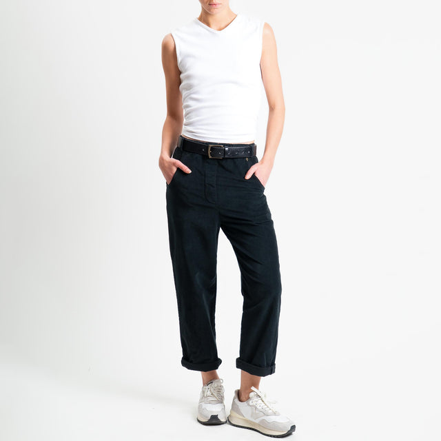 Philia Loft-Pantalone velluto diagonale elasticizzato con elastico in vita - Nero