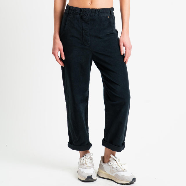 Philia Loft-Pantalone velluto diagonale elasticizzato con elastico in vita - Nero