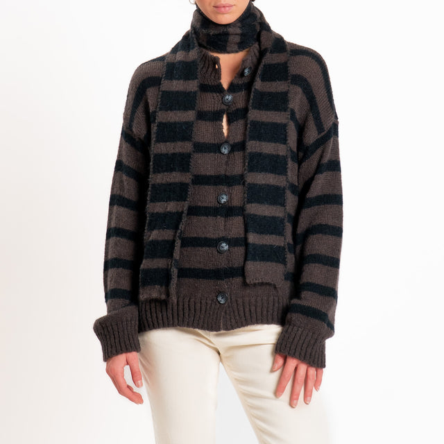 Philia loft-Cardigan mohair a righe con sciarpa - cioccolato/nero