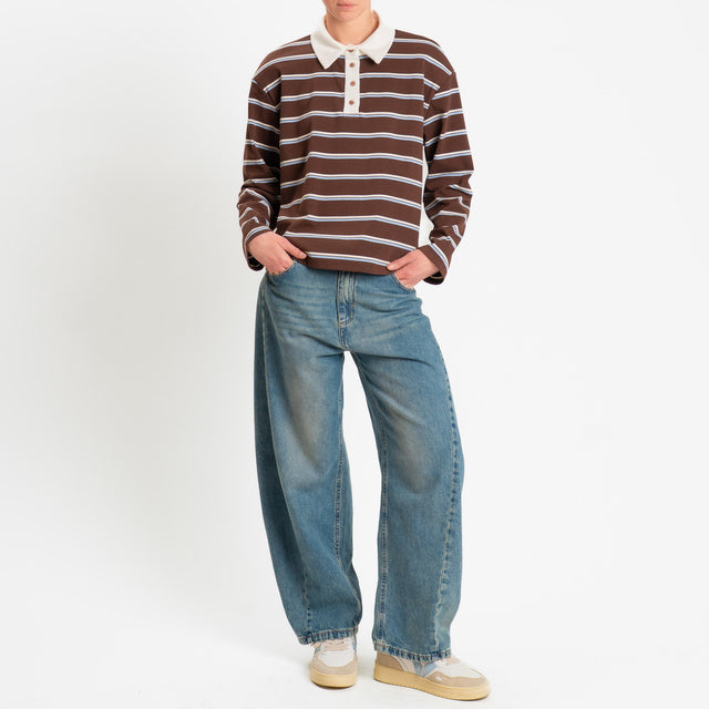 Philia Loft-Maglia a righe collo polo con spalline - moro/celeste