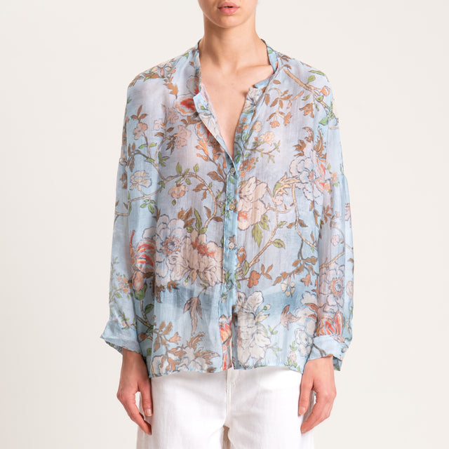 Camisa de muselina de lyocell con estampado floral - azul claro/leche/cuero