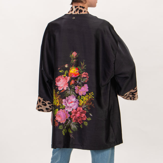 Dixie-Kimono fantasia fiori bordo maculato - nero/rosa/verde