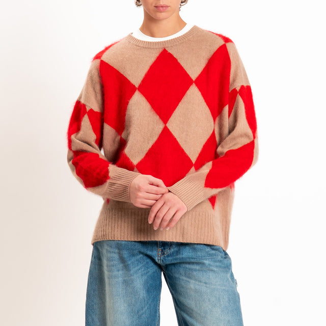 Souvenir-Maglia misto cashmere rombi - camel/rosso