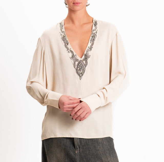 Souvenir-Blusa scollo v con dettagli - avena