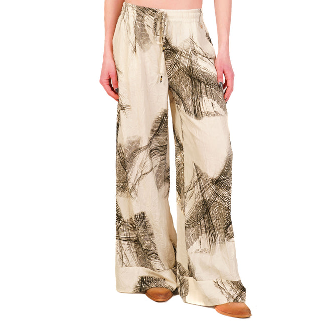 Pantalón de lino mixto con cordón y estampado de recuerdo - mantequilla/ébano
