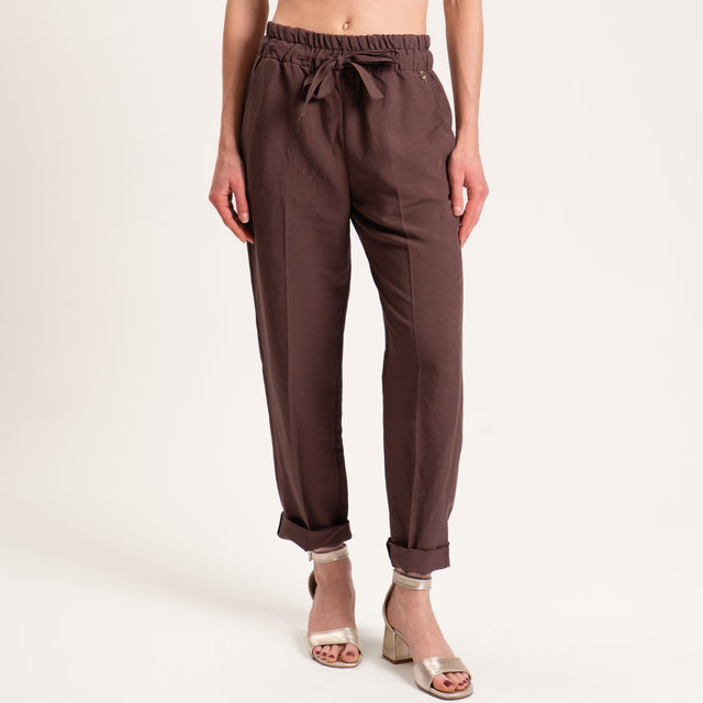Souvenir-Pantalone misto lino elastico in vita - cioccolato