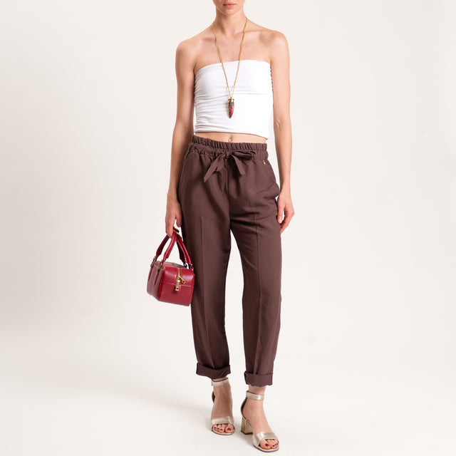Souvenir-Pantalone misto lino elastico in vita - cioccolato