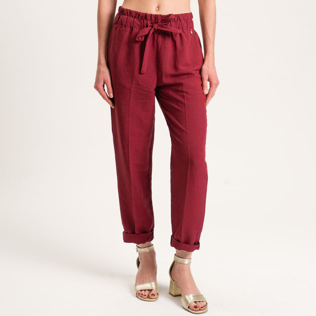 Souvenir-Pantalone misto lino elastico in vita - amarena