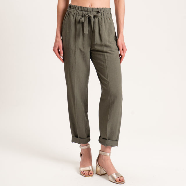 Souvenir-Pantalone misto lino elastico in vita - militare