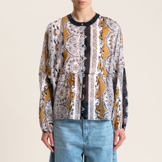 Souvenir-Camicia fantasia mussola - burro/nero/senape
