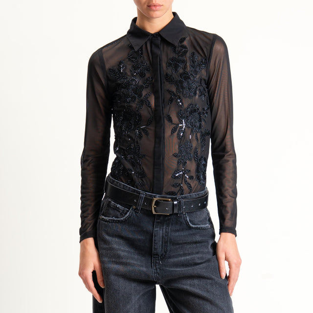 Souvenir-Camicia body ricamato in tulle - nero