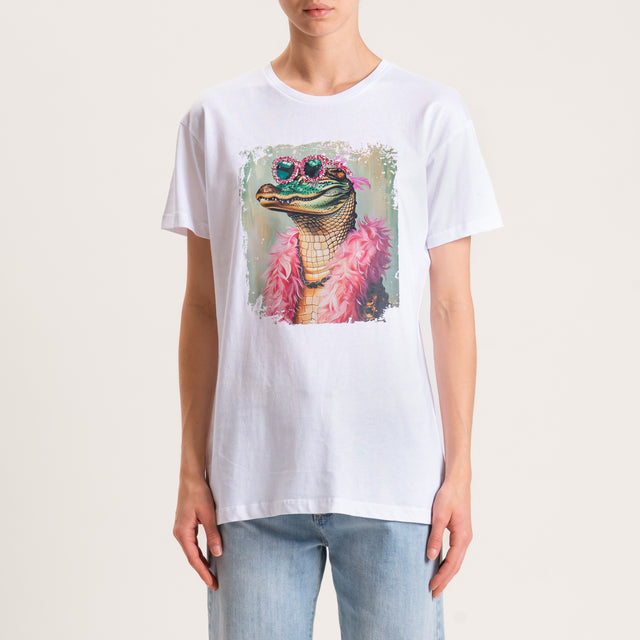 Souvenir-T-shirt stampa coccodrillo con strass - bianco