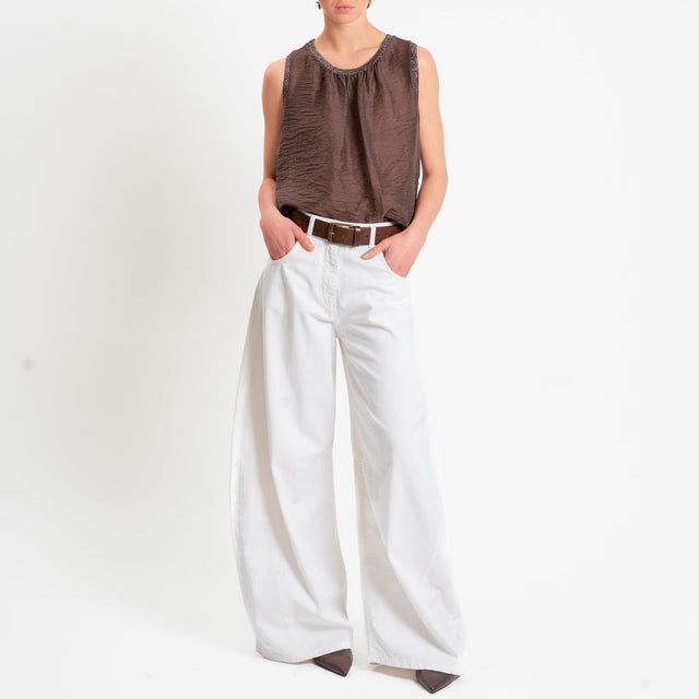 Souvenir-Top goffrato misto lino bordi lurex - cioccolato