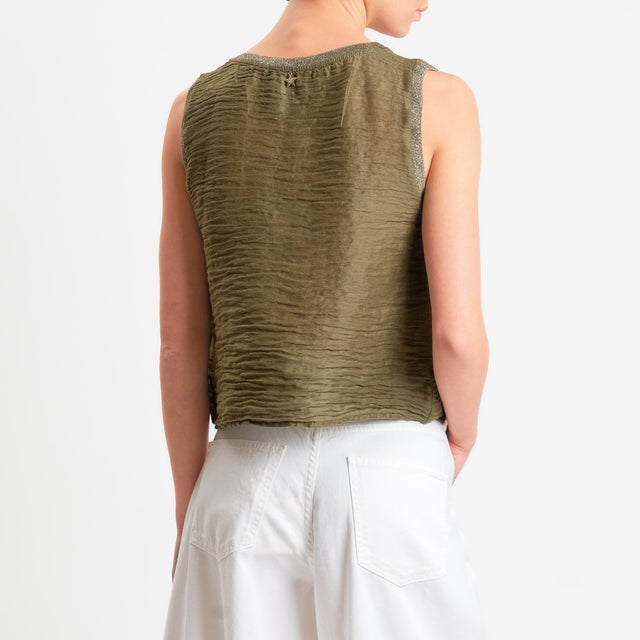 Souvenir-Top goffrato misto lino bordi lurex - militare