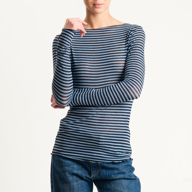 Tensione in-T-shirt a righe misto cashmere scollo taglio vivo - avio/nero