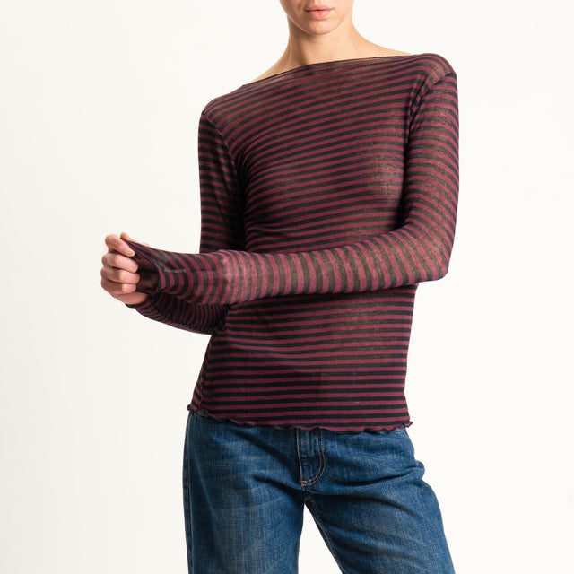 Tensione in-T-shirt a righe misto cashmere scollo taglio vivo - bordeaux/nero