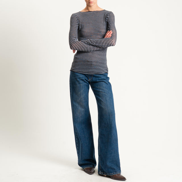 Tensione in-T-shirt a righe misto cashmere scollo taglio vivo - grigio melange/nero