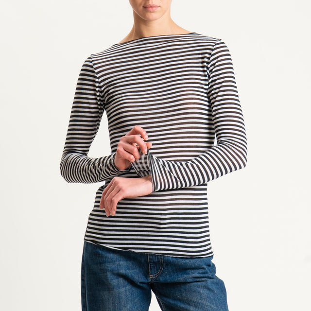 Tensione in-T-shirt a righe misto cashmere scollo taglio vivo - latte/nero