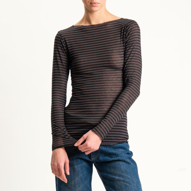 Tensione in-T-shirt a righe misto cashmere scollo taglio vivo - moka/nero