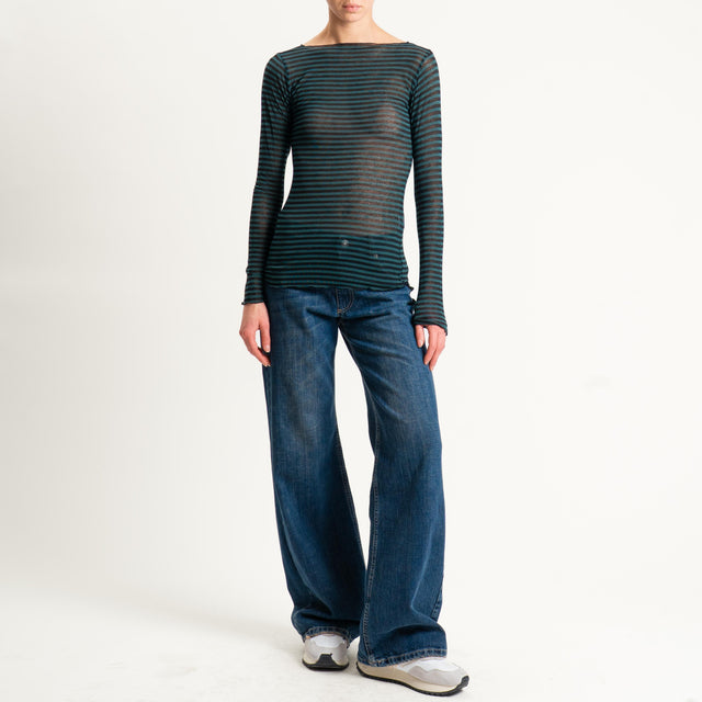 Tensione in-T-shirt a righe misto cashmere scollo taglio vivo- verde/nero