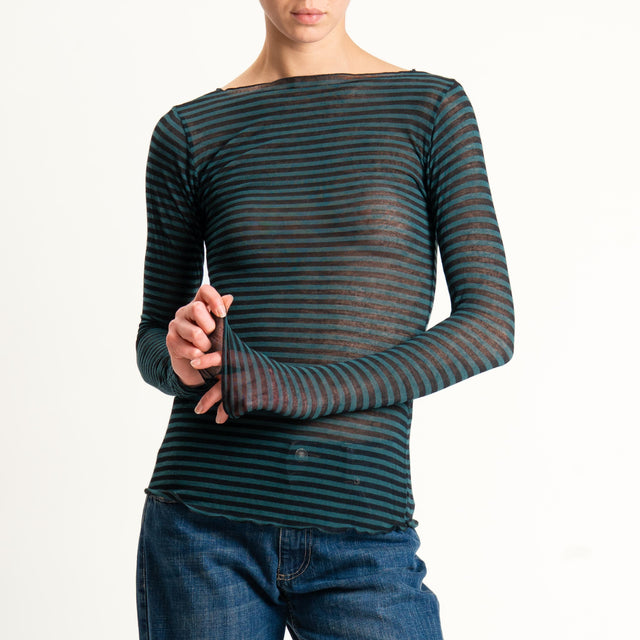 Tensione in-T-shirt a righe misto cashmere scollo taglio vivo- verde/nero