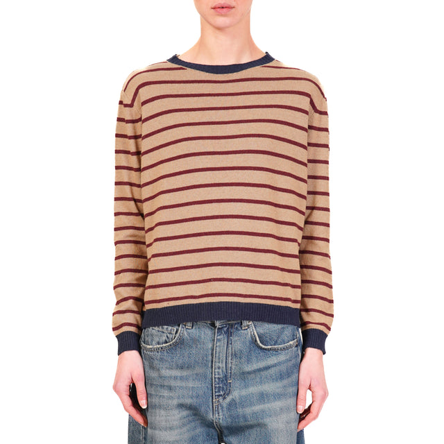 Tension in- Striped Cashmere Blend Sweater - Blue/Camel/Wine