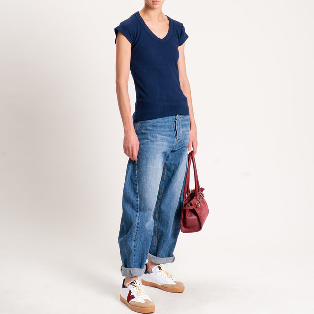 Tensione in-T-shirt scollo v a costine - blu
