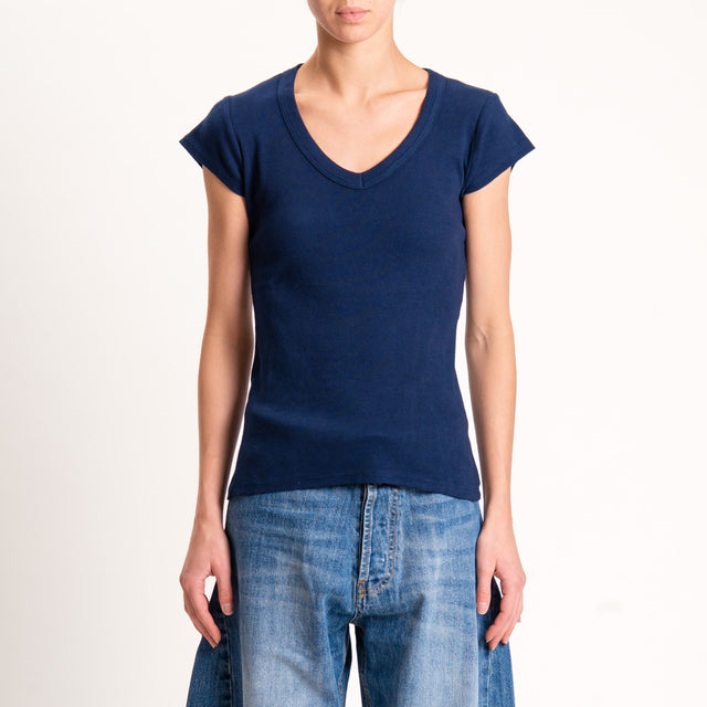 Tensione in-T-shirt scollo v a costine - blu