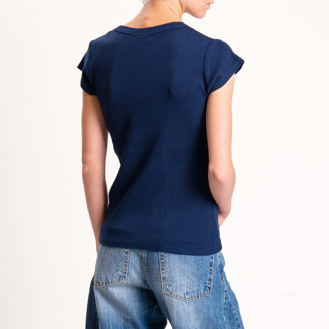 Tensione in-T-shirt scollo v a costine - blu