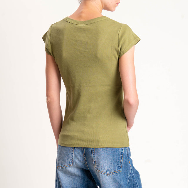 Tensione in-T-shirt scollo v a costine - kaki