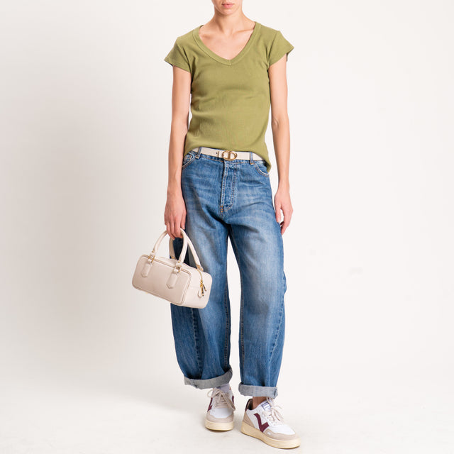 Tensione in-T-shirt scollo v a costine - kaki