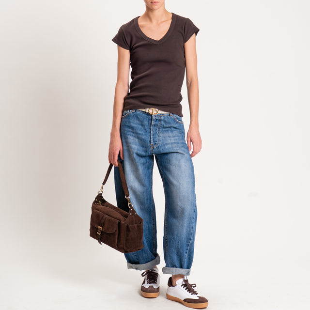 Tensione in-T-shirt scollo v a costine - moro