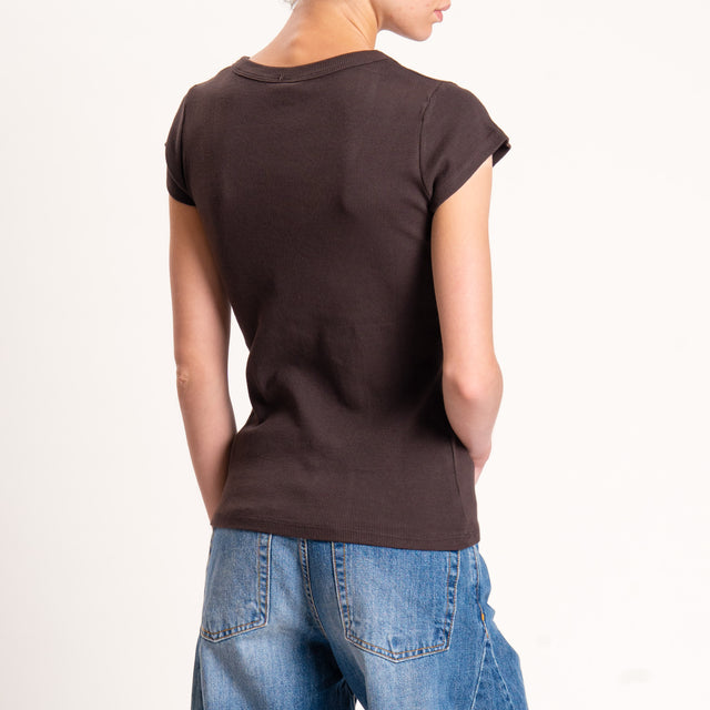 Tensione in-T-shirt scollo v a costine - moro