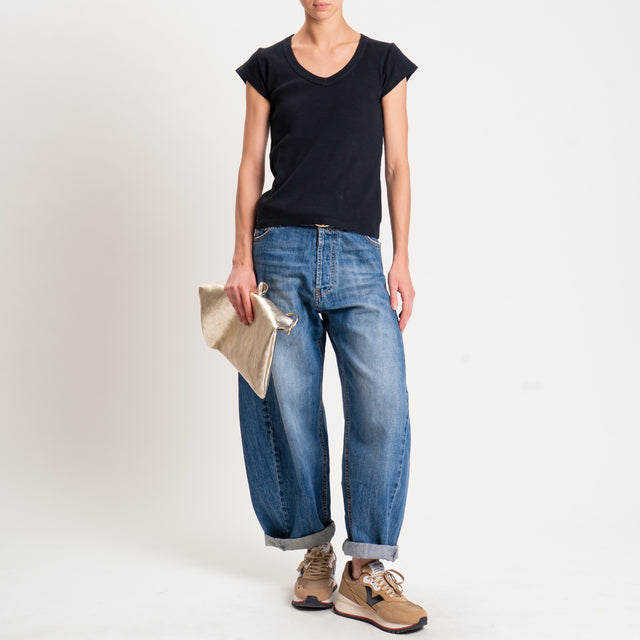 Tensione in-T-shirt scollo v a costine - nero