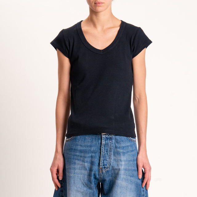 Tensione in-T-shirt scollo v a costine - nero