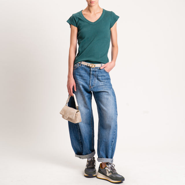 Tensione in-T-shirt scollo v a costine - verde bottiglia