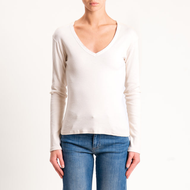 Tensione in-T-shirt scollo v a costine maniche lunghe - burro