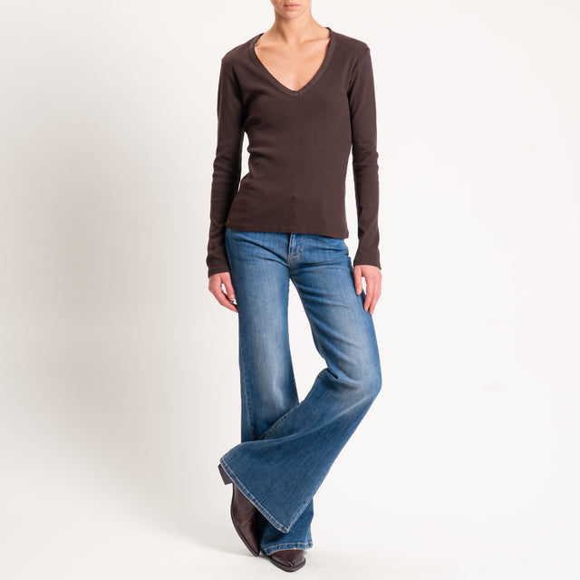 Tensione in-T-shirt scollo v a costine maniche lunghe - moro