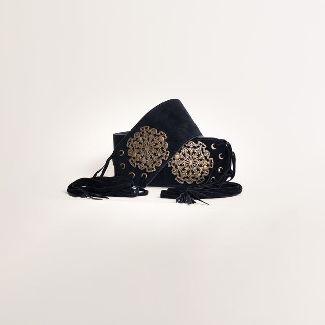 Tensione in-Cintura alta effetto suede con applicazioni - nero