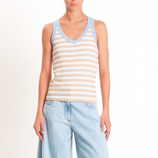 Tensione in-Top righe scollo v elasticizzato - azzurro/beige/burro
