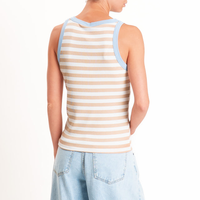 Tensione in-Top righe scollo v elasticizzato - azzurro/beige/burro