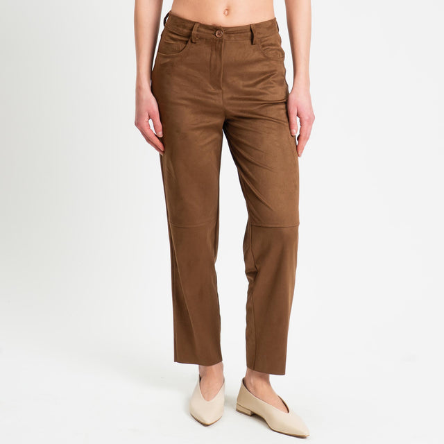 Tensione in-Pantalone cinque tasche effetto suede - cognac