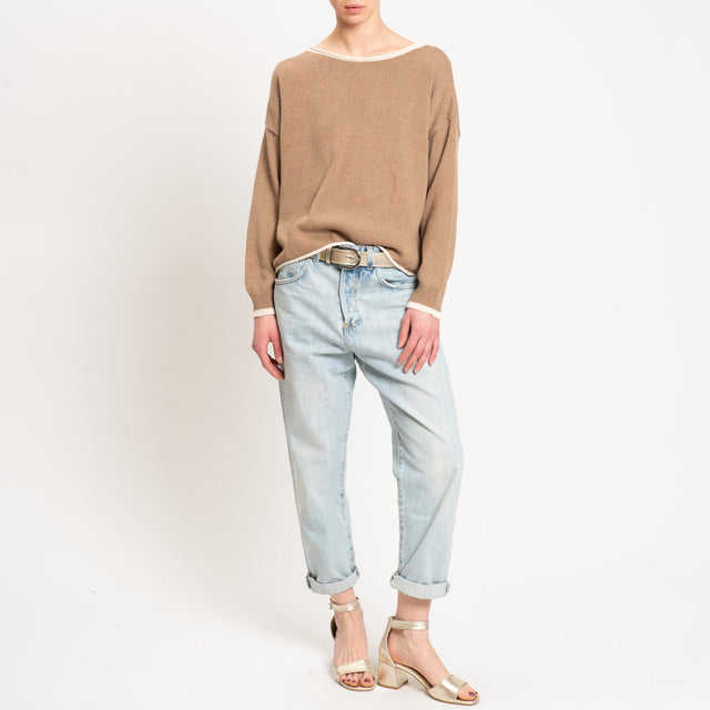 Tensione in-Maglia scatola bordi a contrasto - camel/panna