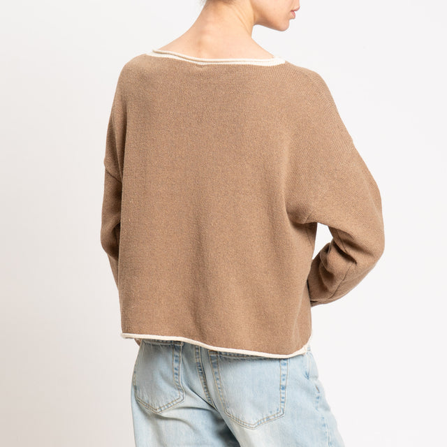 Tensione in-Maglia scatola bordi a contrasto - camel/panna